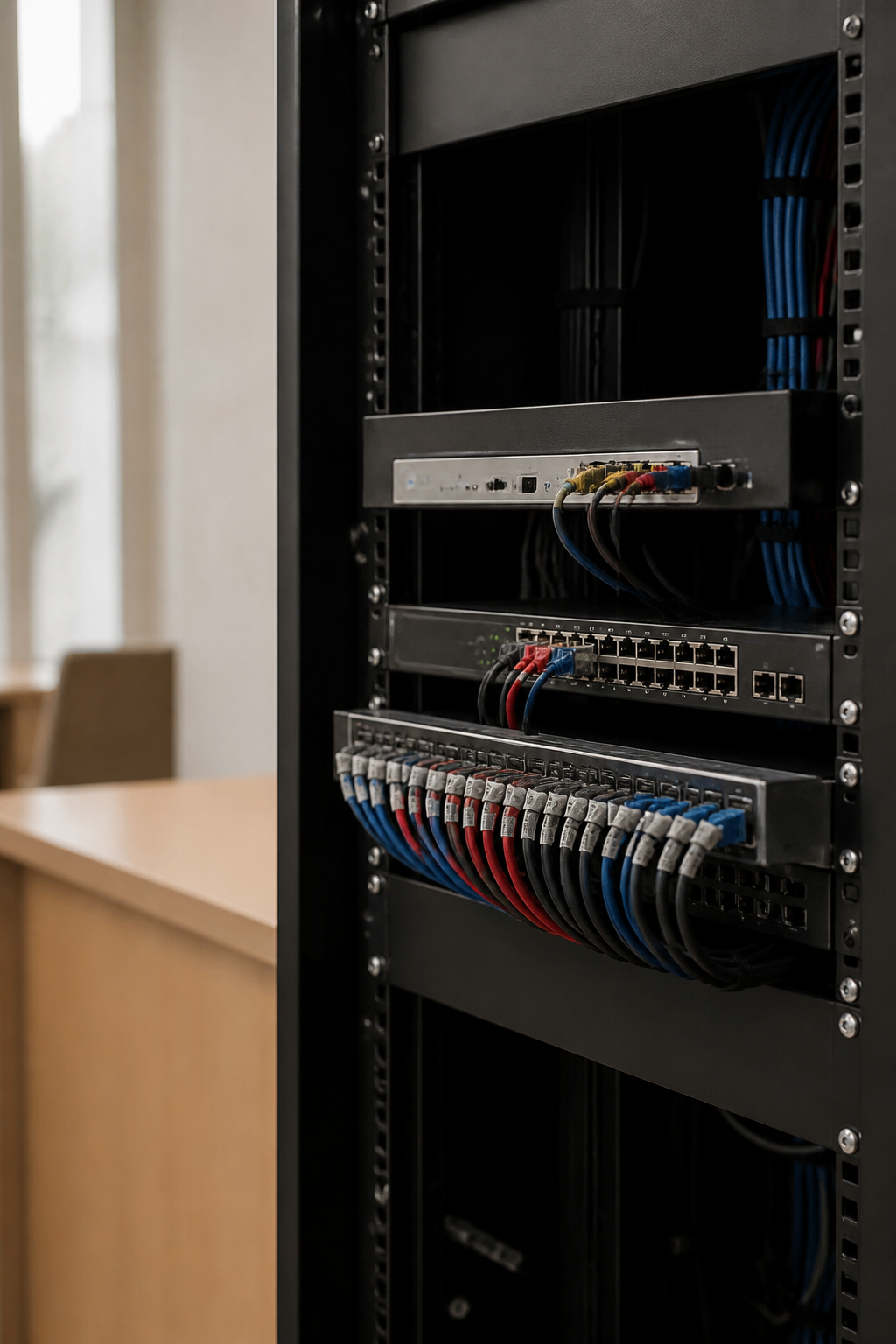An equipment rack holding an audio over IP node, a managed network switch and a patch panel, with network cables neatly dressed to one side and labelled at both ends.