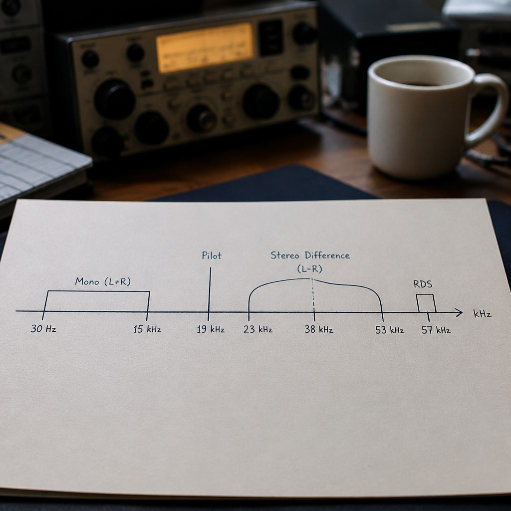 Diagram of the FM stereo baseband drawn as a frequency axis: the mono sum from 30 hertz to 15 kilohertz, a single spike for the 19 kilohertz pilot, the stereo difference sidebands spread from 23 to 53 kilohertz around a dotted 38 kilohertz marker, and a narrow RDS block at 57 kilohertz.