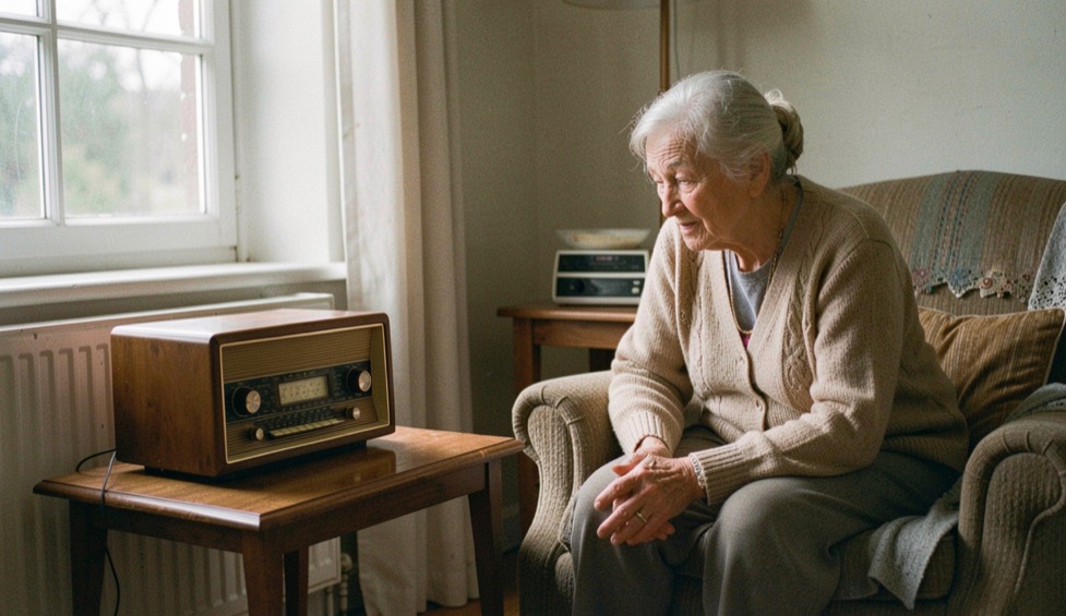 An older woman sitting in an armchair beside a window, leaning towards a small wooden tabletop radio receiver on a side table, soft afternoon light across the room