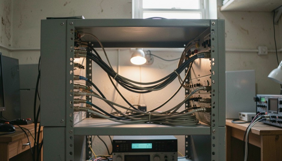 The back of an equipment rack in a small radio transmitter building, coaxial cables with BNC connectors and bundled audio wiring running between two grey chassis, lit by a single work lamp
