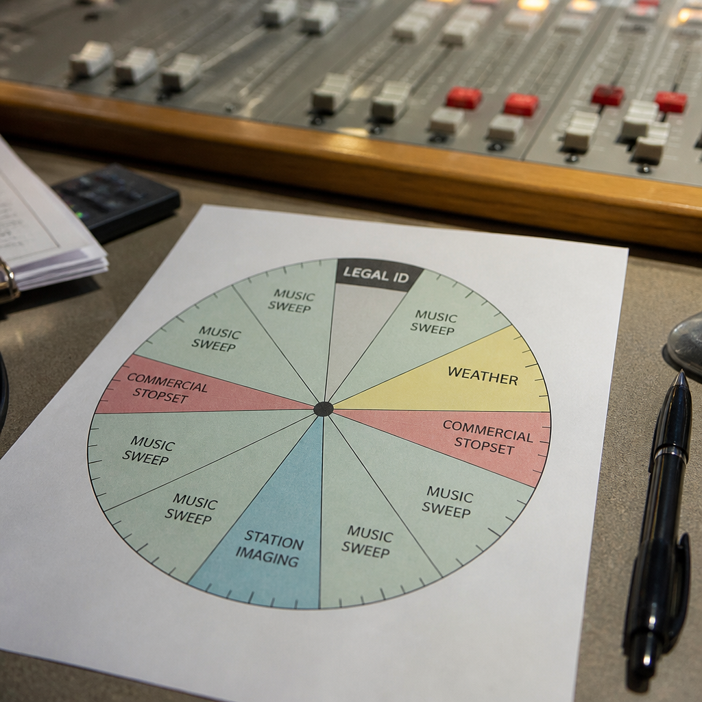A printed hour clock drawn as a circle divided into labelled wedges for music sweeps, two commercial stopsets, a weather slot, station imaging and the legal identification at the top of the hour.